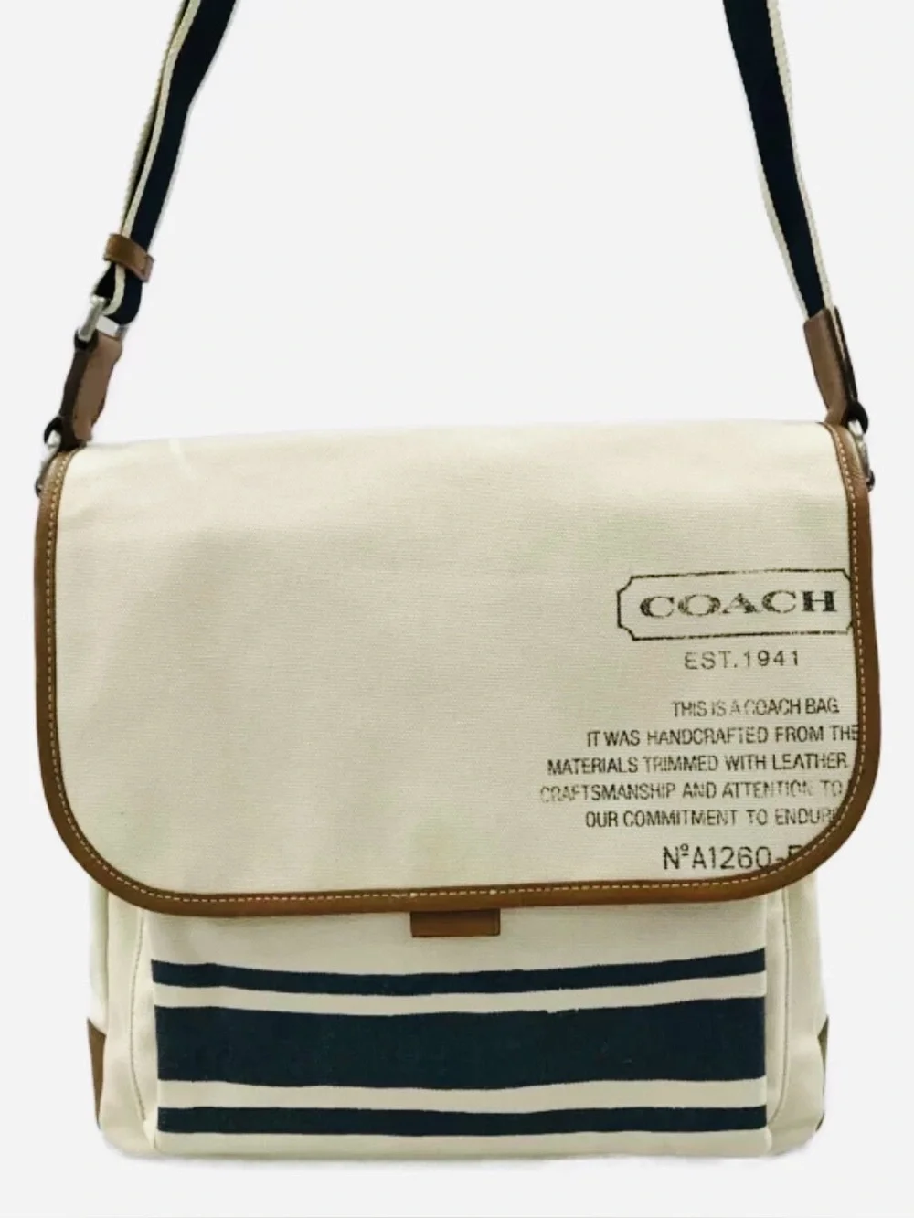 COACH F70627 CREAM AND NAVY CANVAS TAN LEATHER TRIM UNISEX MESSENGER BAG 🌟EUC🌟